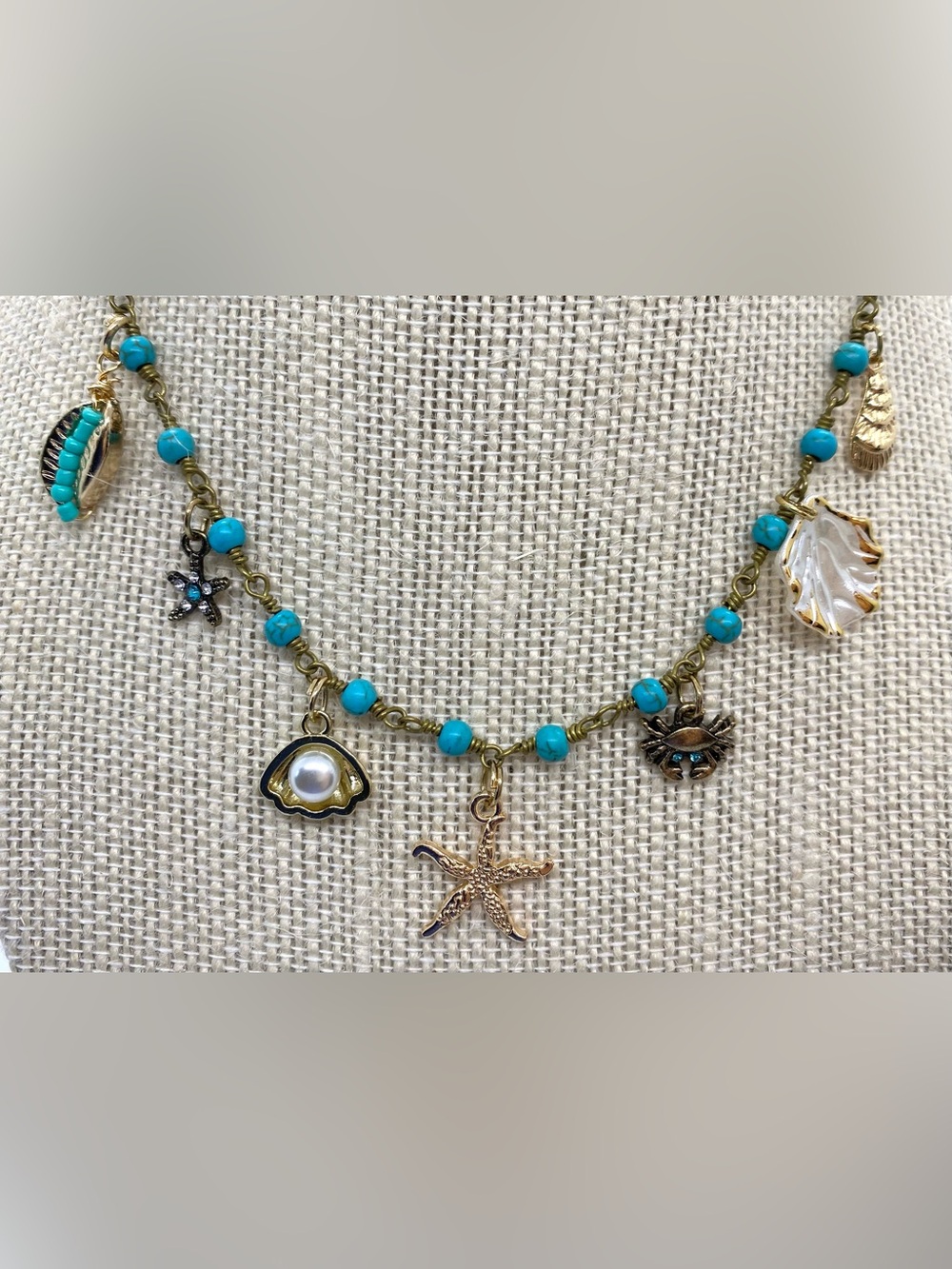 Blue Gold Beaded Necklace Beach Charms Boho Y2K Summer Preppy Eclectic Festival - Picture 4 of 15